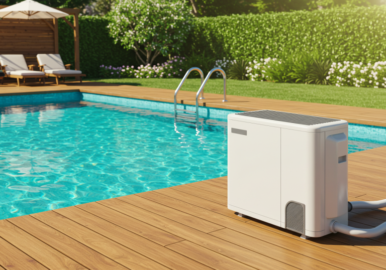 Pompe à chaleur de piscine installée au bord d'un bassin ensoleillé