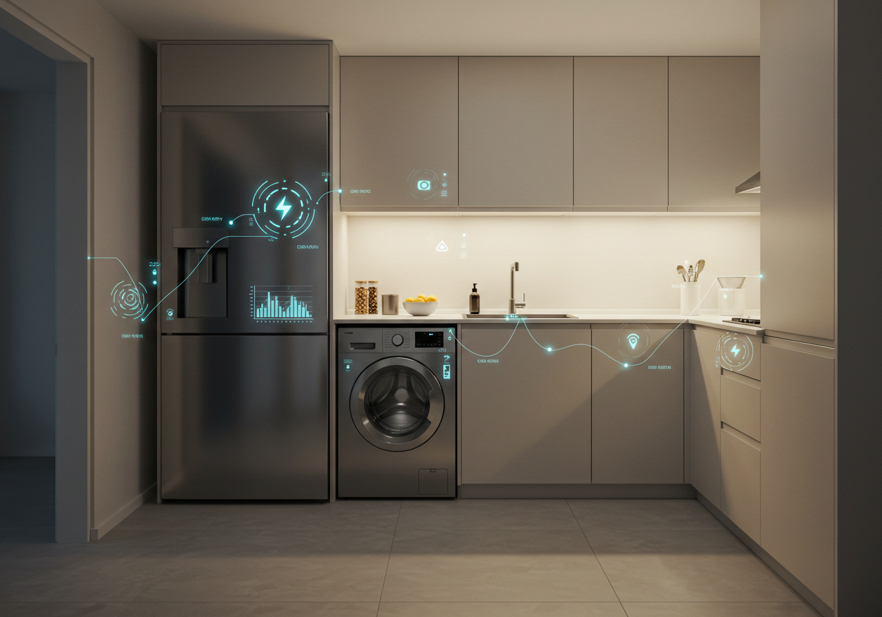 Cuisine moderne avec réfrigérateur et lave-linge, symbolisant le suivi de la consommation des appareils électroménagers