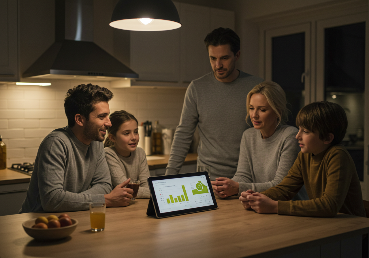 Famille dans une cuisine le soir consultant un tableau de bord énergétique sur un écran connecté
