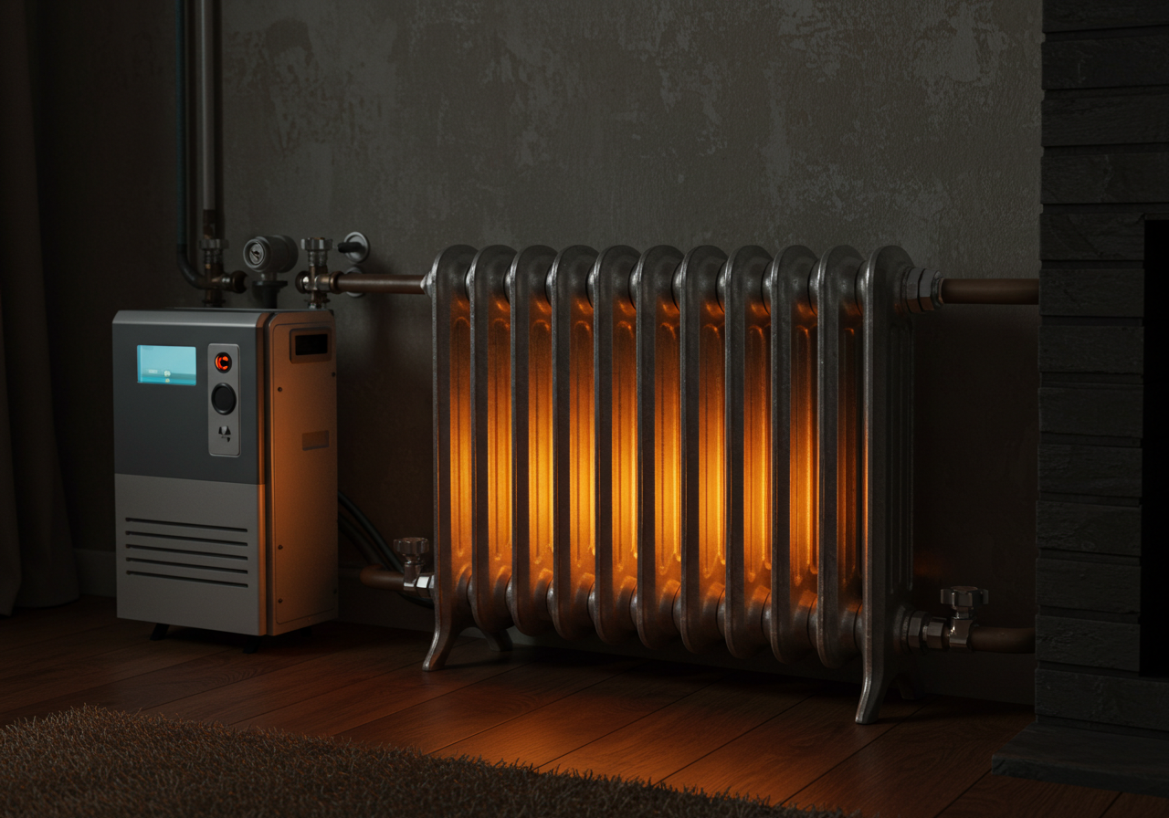 Radiateur en fonte chauffé par une pompe à chaleur haute température avec module intérieur