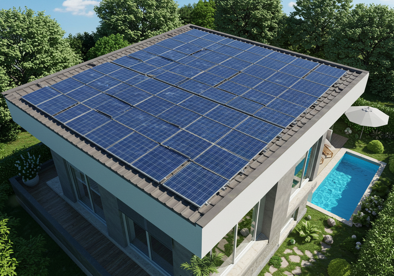 Panneaux photovoltaïques sur toiture alimentant le chauffage d'une piscine en autoconsommation