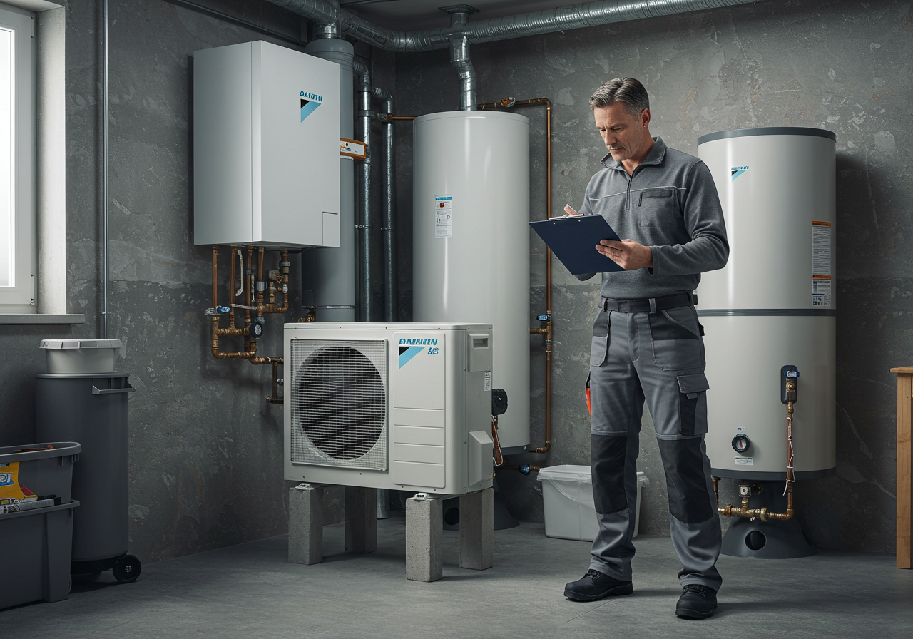 Installateur RGE présentant un devis à côté du module intérieur et du ballon d'une pompe à chaleur Daikin