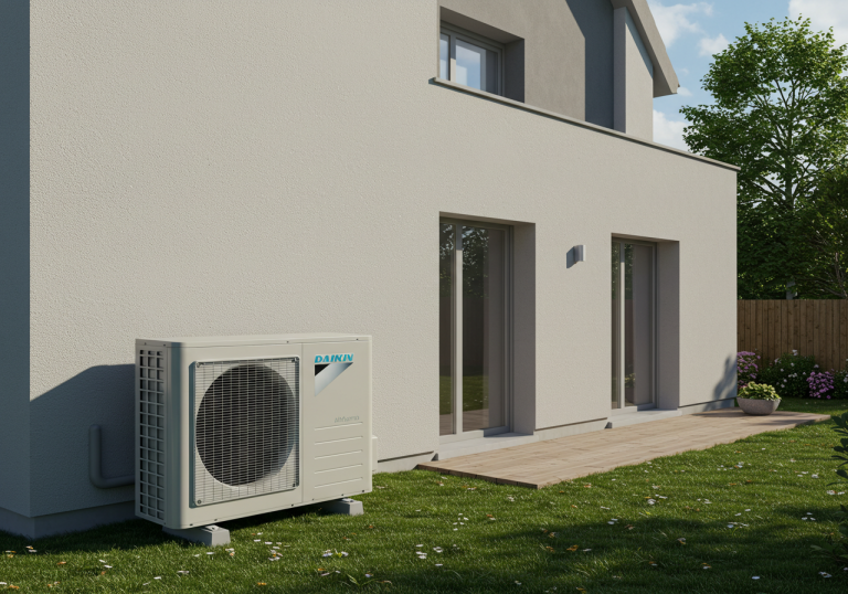 Unité extérieure d'une pompe à chaleur Daikin Altherma installée contre le mur d'une maison française