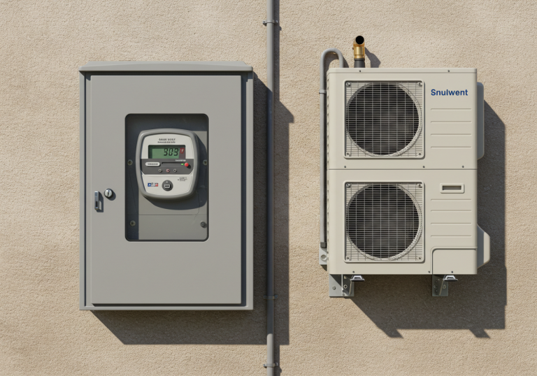 Compteur électrique Linky et unité extérieure de pompe à chaleur sur une façade de maison