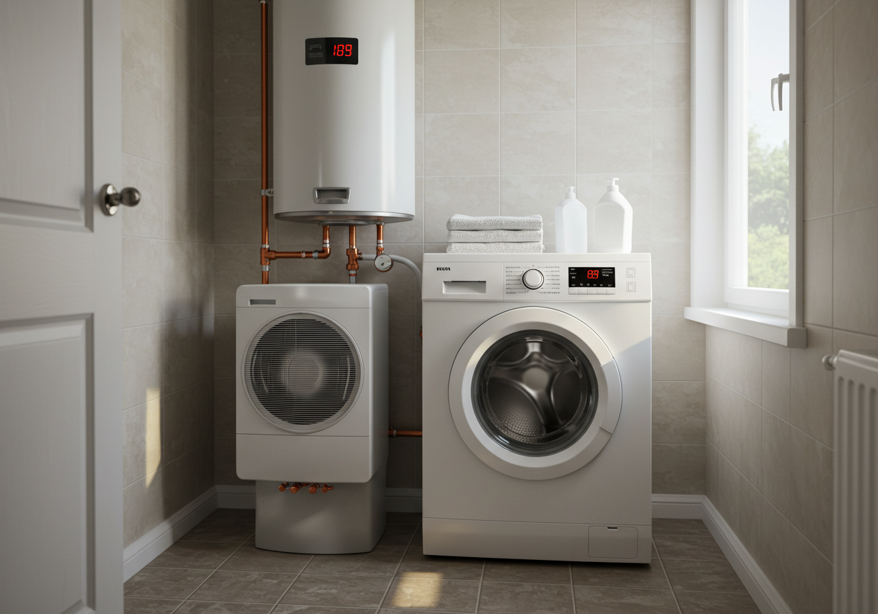 Buanderie moderne avec lave-linge et chauffe-eau thermodynamique programmés sur les heures creuses