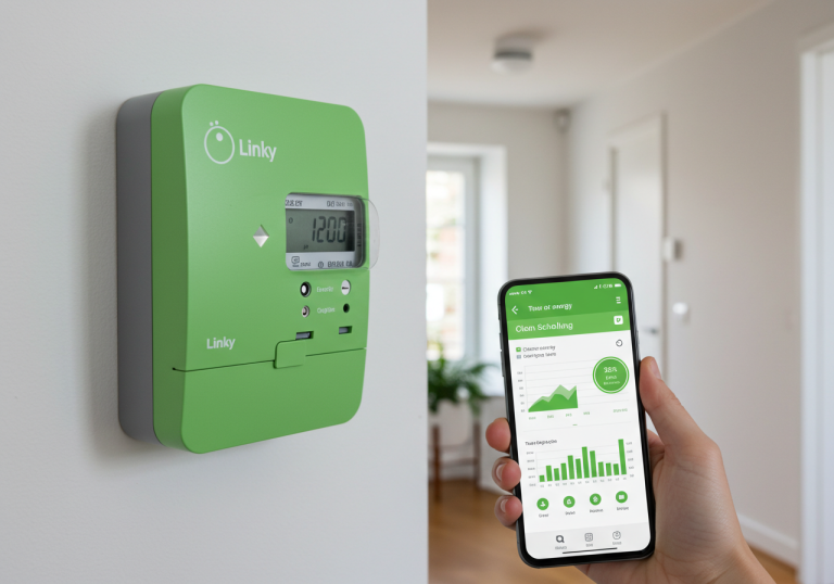 Compteur Linky vert au mur et smartphone affichant une application de programmation des heures creuses