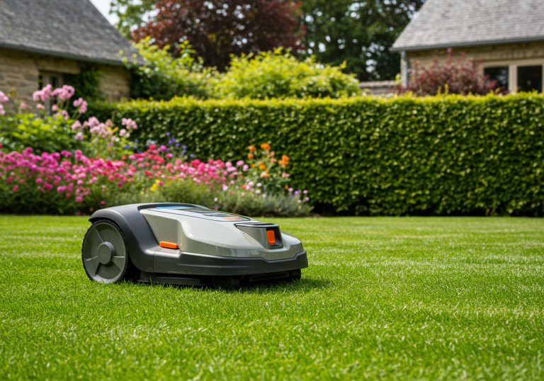 Robot tondeuse nouvelle génération sans câble périphérique tondant une pelouse verte bordée de massifs fleuris
