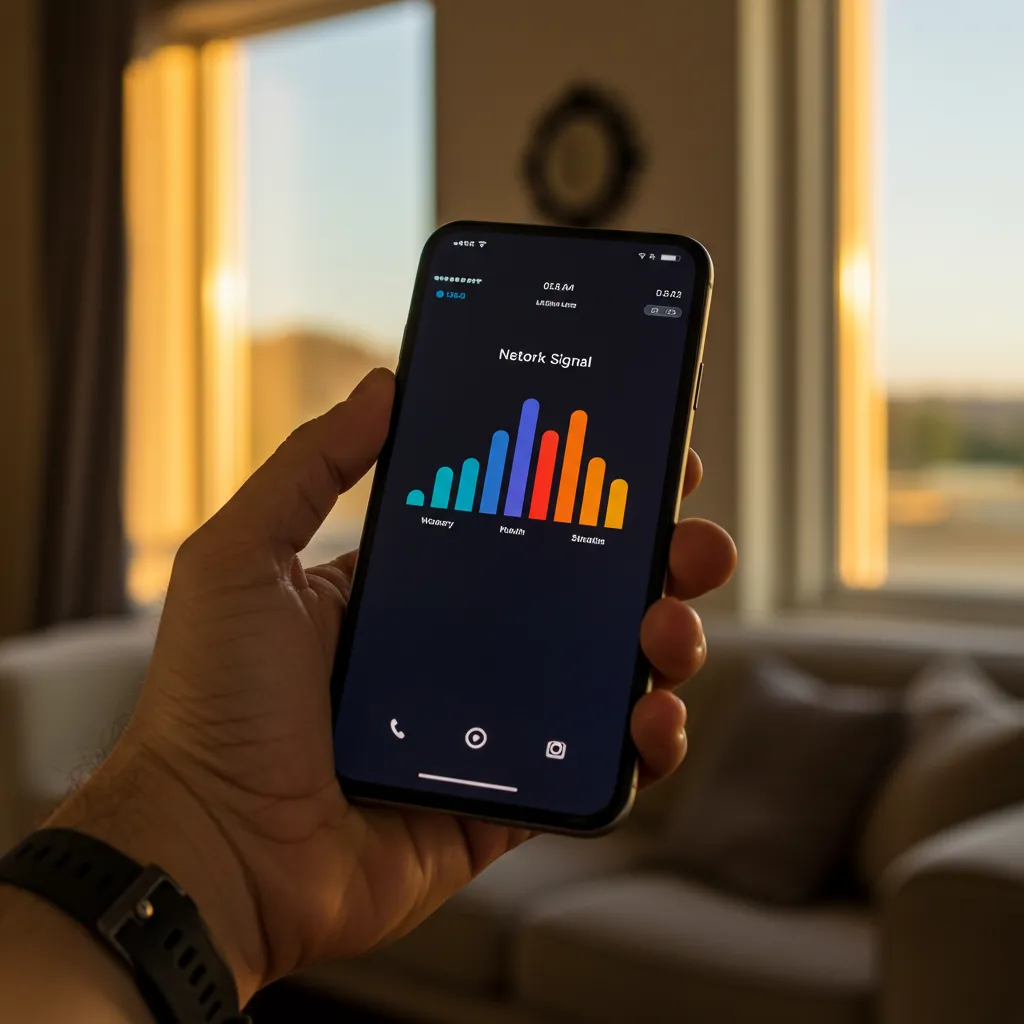 Main tenant un smartphone affichant la force du signal réseau 2G/3G