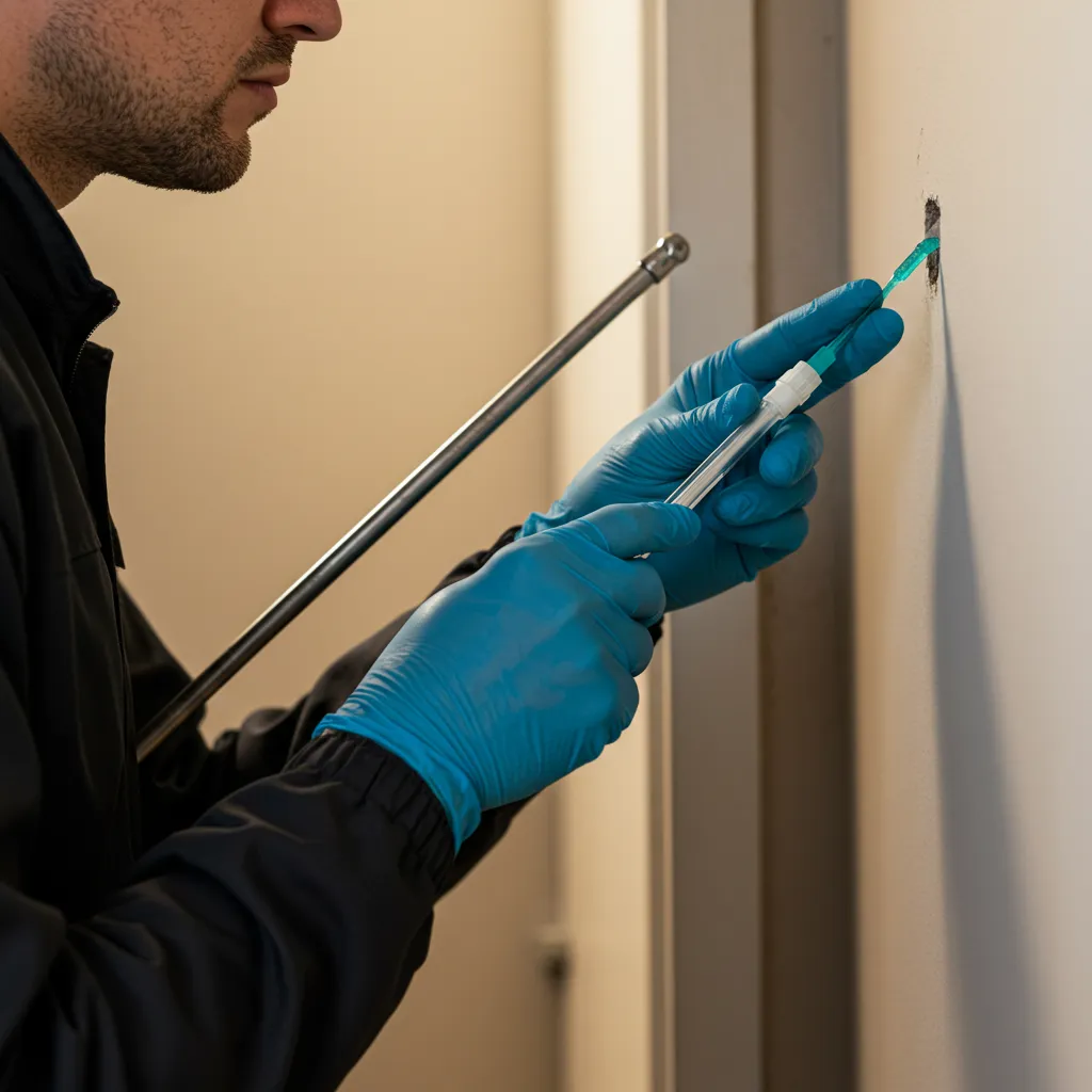 Technicien de lutte antiparasitaire appliquant un traitement gel ciblé contre les fourmis dans un coin de mur intérieur