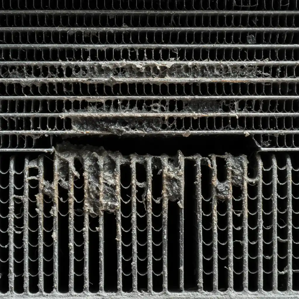 Accumulation de boue et calcaire à l'intérieur d'un radiateur de chauffage obstruant la circulation