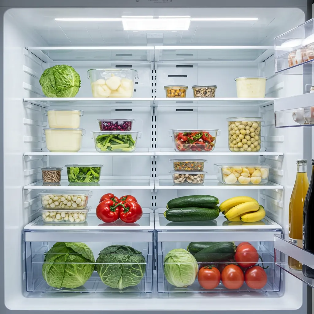 Vue rapprochée de l'intérieur d'un réfrigérateur avec compartiments organisés et aliments frais