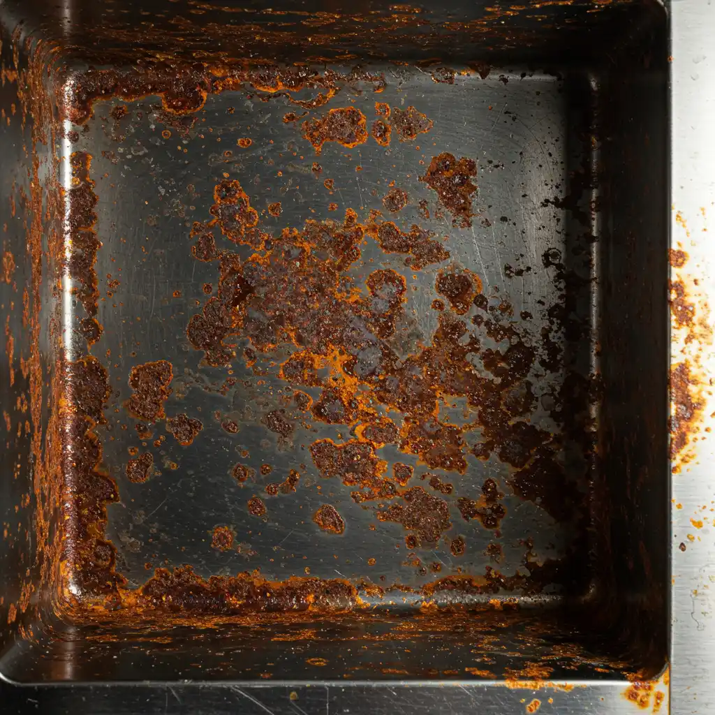 Gros plan sur différents stades de rouille et de corrosion du revêtement intérieur de micro-ondes
