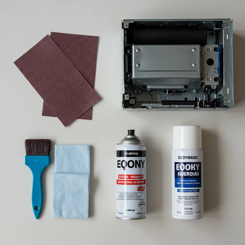 Matériaux et outils nécessaires pour réparer le revêtement d'un micro-ondes : peinture époxy, papier de verre fin, alcool isopropylique
