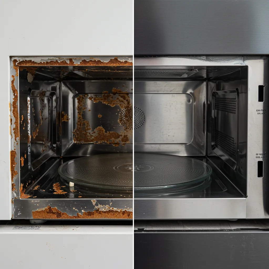 Comparaison avant-après d'un revêtement de micro-ondes réparé : surface endommagée versus surface restaurée