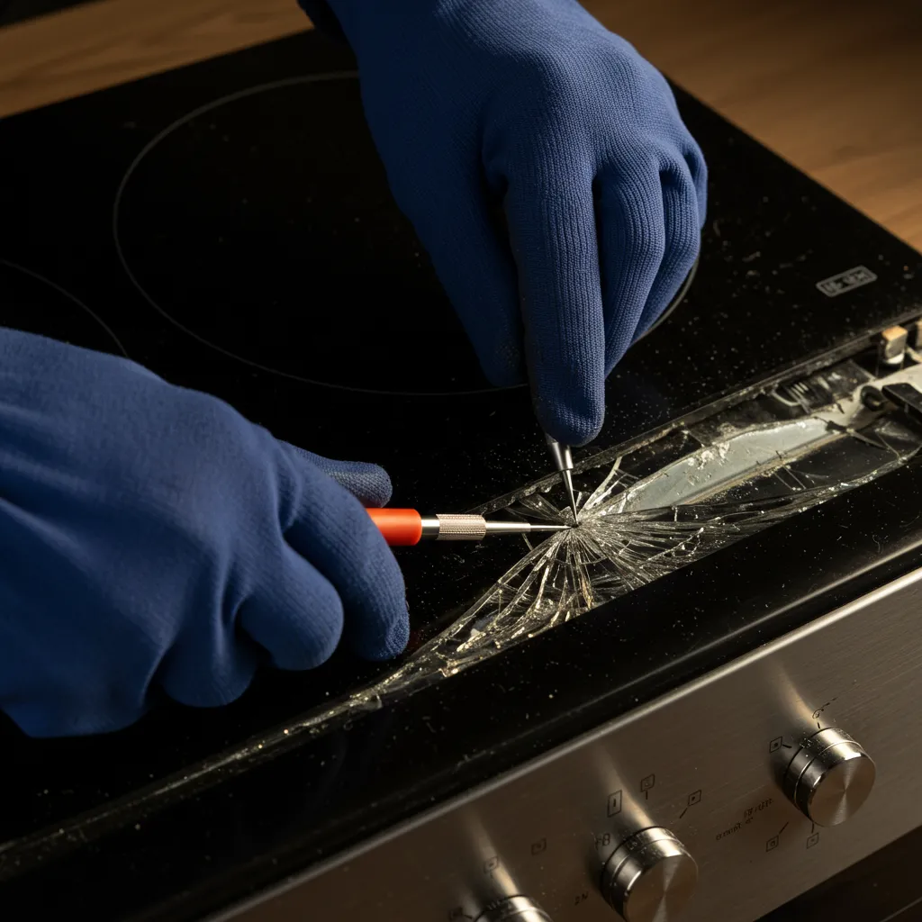 Mains d'un technicien examinant une plaque induction fissurée avec des outils de mesure pour évaluer les dégâts