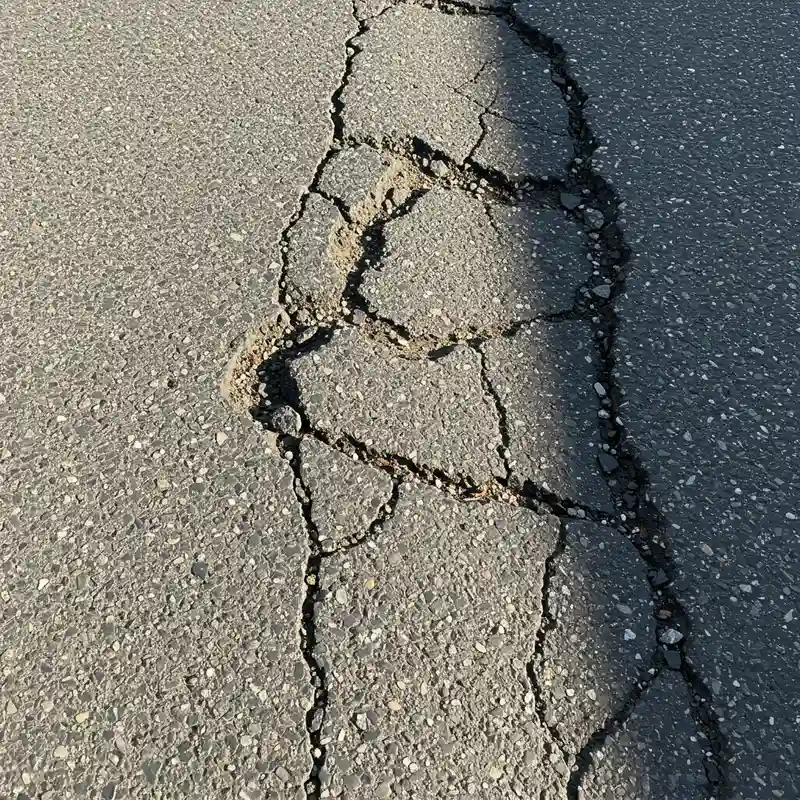 Gros plan sur une voirie dégradée avec fissures et usure visible