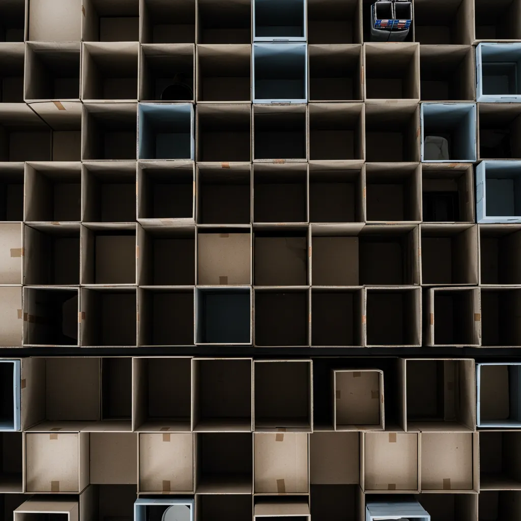 Cartons et conteneurs de stockage empilés de manière organisée, vue de dessus