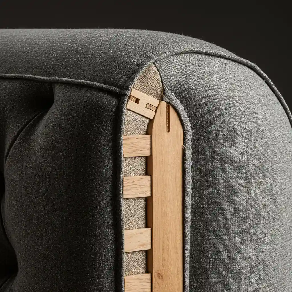 Détails de fabrication artisanale d'un canapé montrant la structure bois et le garnissage