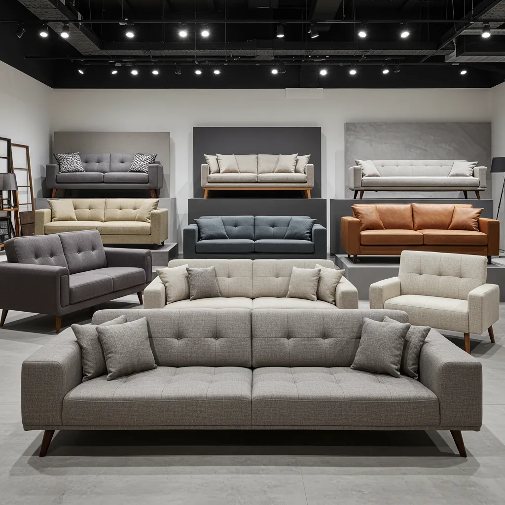 Comparaison de plusieurs styles de canapés dans un environnement de showroom professionnel