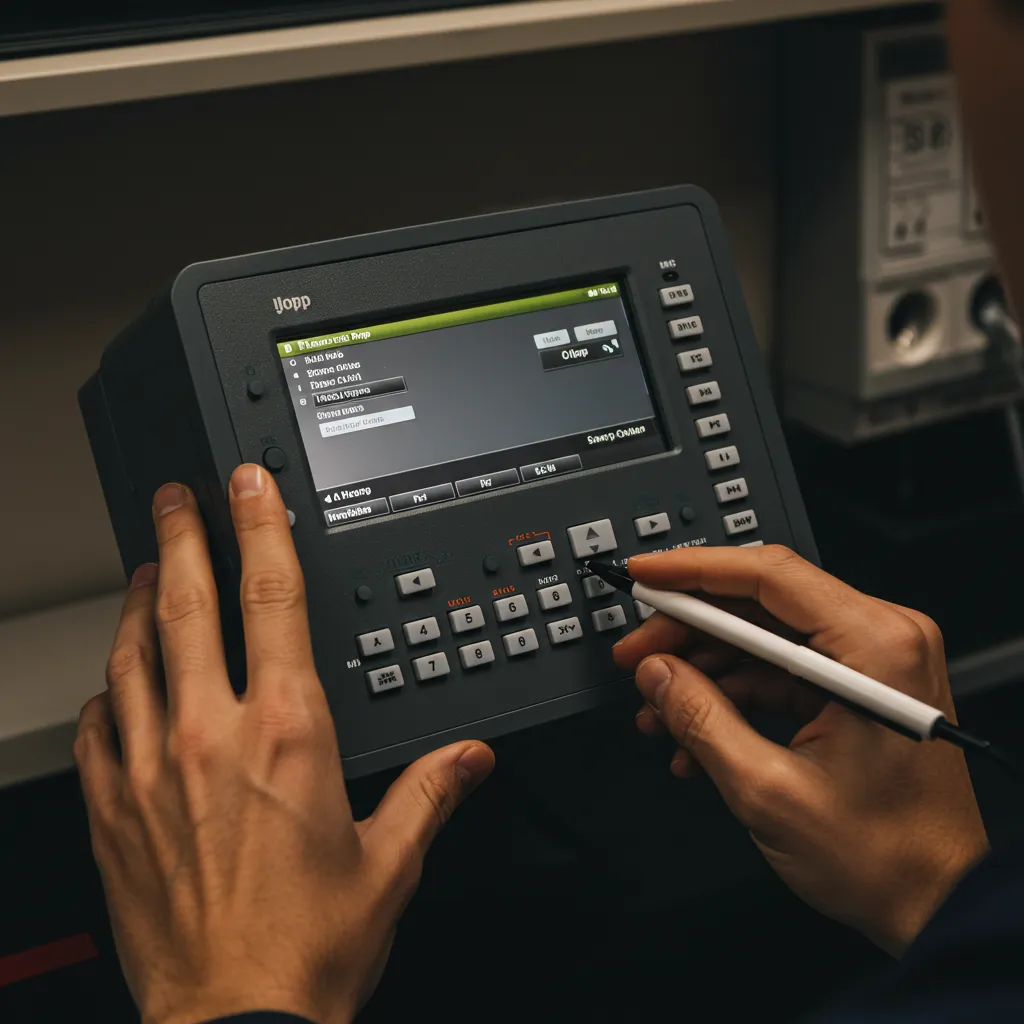Mains d'un technicien effectuant un diagnostic sur un panneau de contrôle d'alarme professionnelle