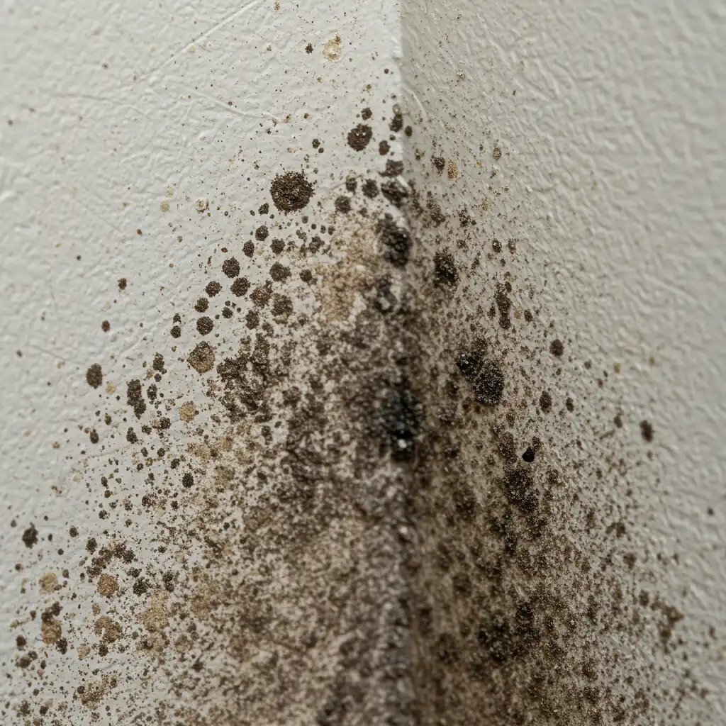 Détail des moisissures et dégâts d'humidité sur une paroi intérieure causés par un sèche-linge mal évacué
