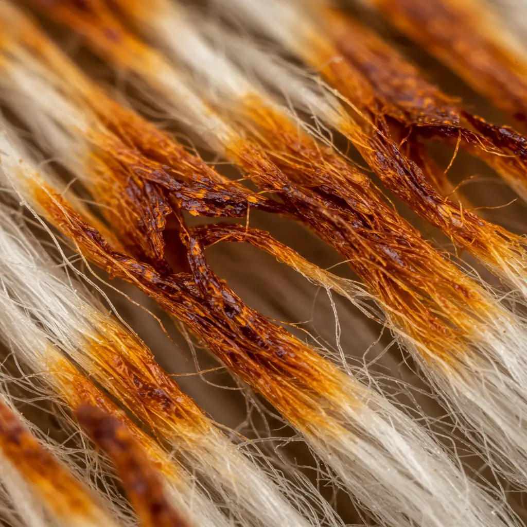 Gros plan détaillé montrant comment la rouille s'ancre chimiquement dans les fibres de tissu blanc