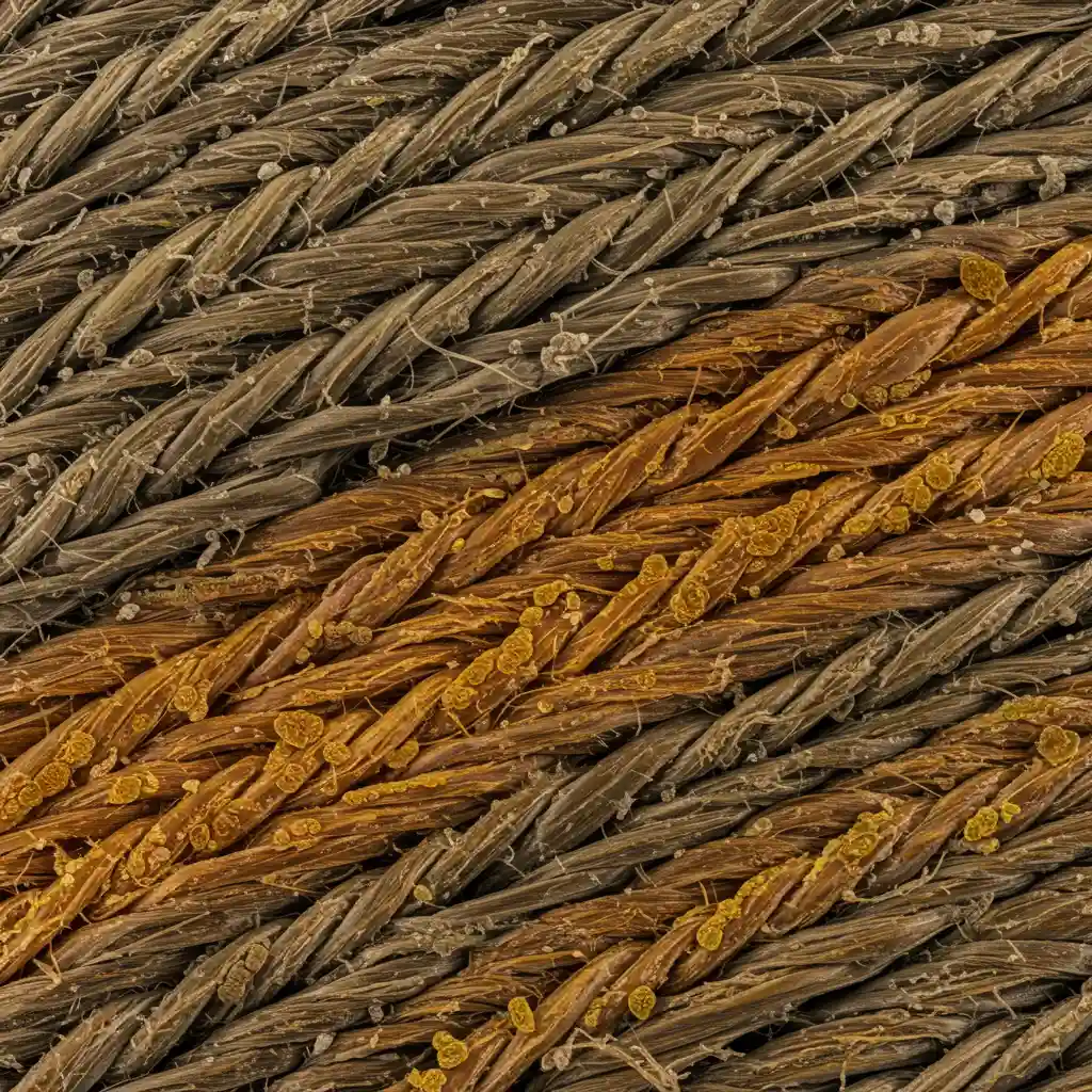 Gros plan sur les fibres textiles endommagées par l'oxydation chimique du percarbonate de sodium