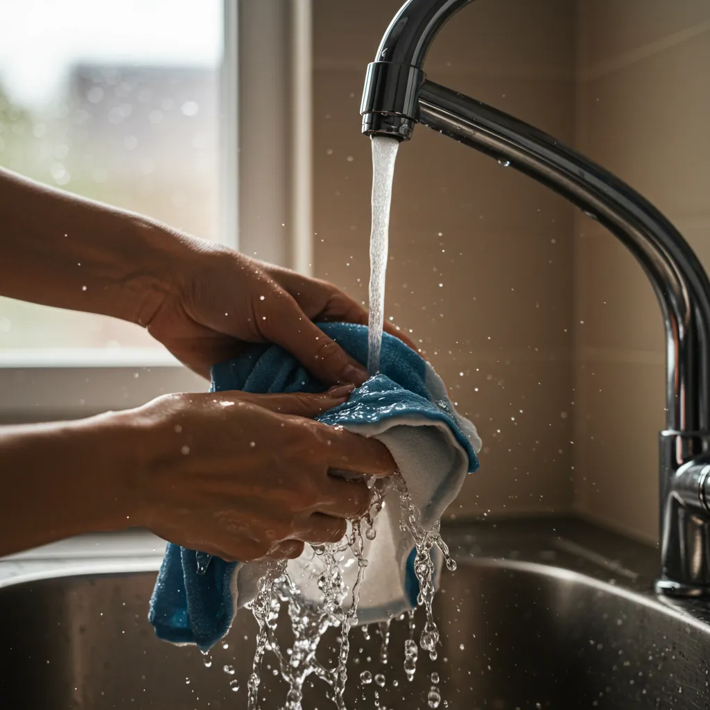 Rinçage d'urgence d'un vêtement sous l'eau froide pour limiter les dégâts causés par Vanish