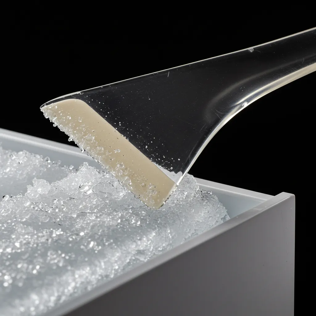 Spatule en plastique retirant délicatement les plaques de glace ramollie des rails du tiroir