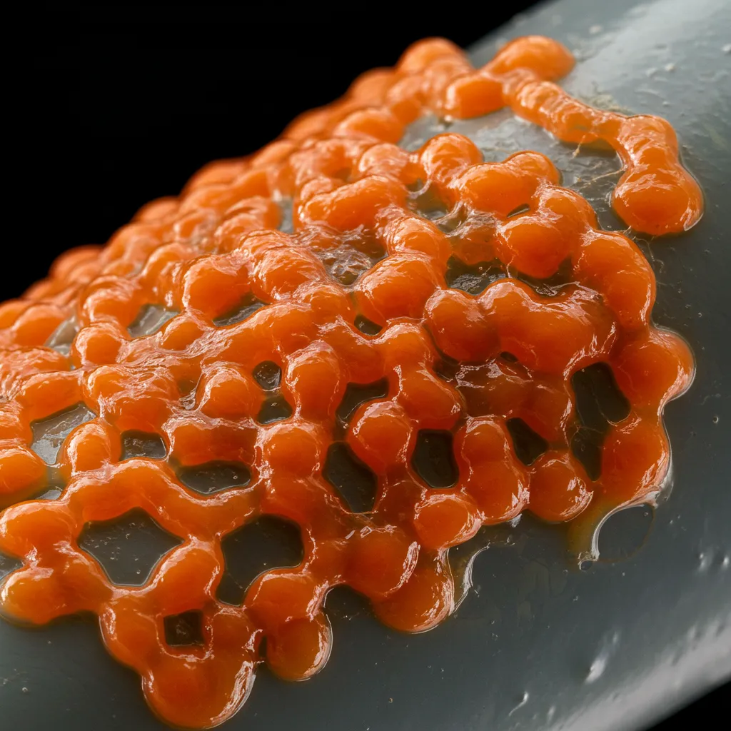 Gros plan détaillé d'une trace orangée montrant la texture visqueuse et gélatineuse du biofilm bactérien