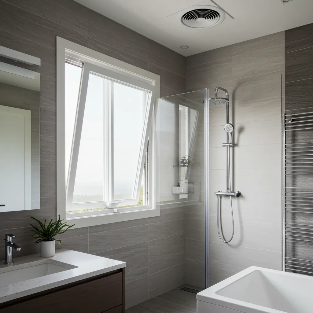 Salle de bain bien ventilée avec fenêtre ouverte et système d'extraction d'air pour prévenir l'humidité stagnante