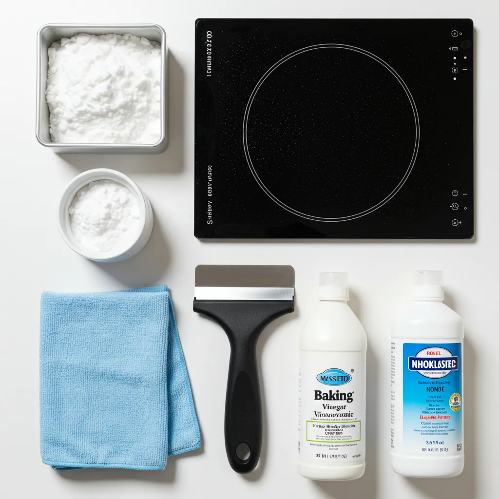 Arrangement des outils et produits de nettoyage pour plaque à induction : microfibre, grattoir spécialisé, vinaigre blanc et crème vitrocéramique
