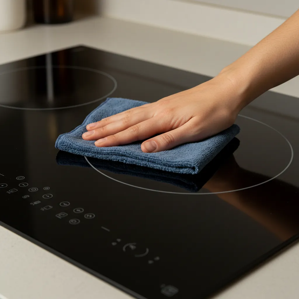 Démonstration du nettoyage d'une plaque à induction avec un chiffon microfibre sur la surface en verre