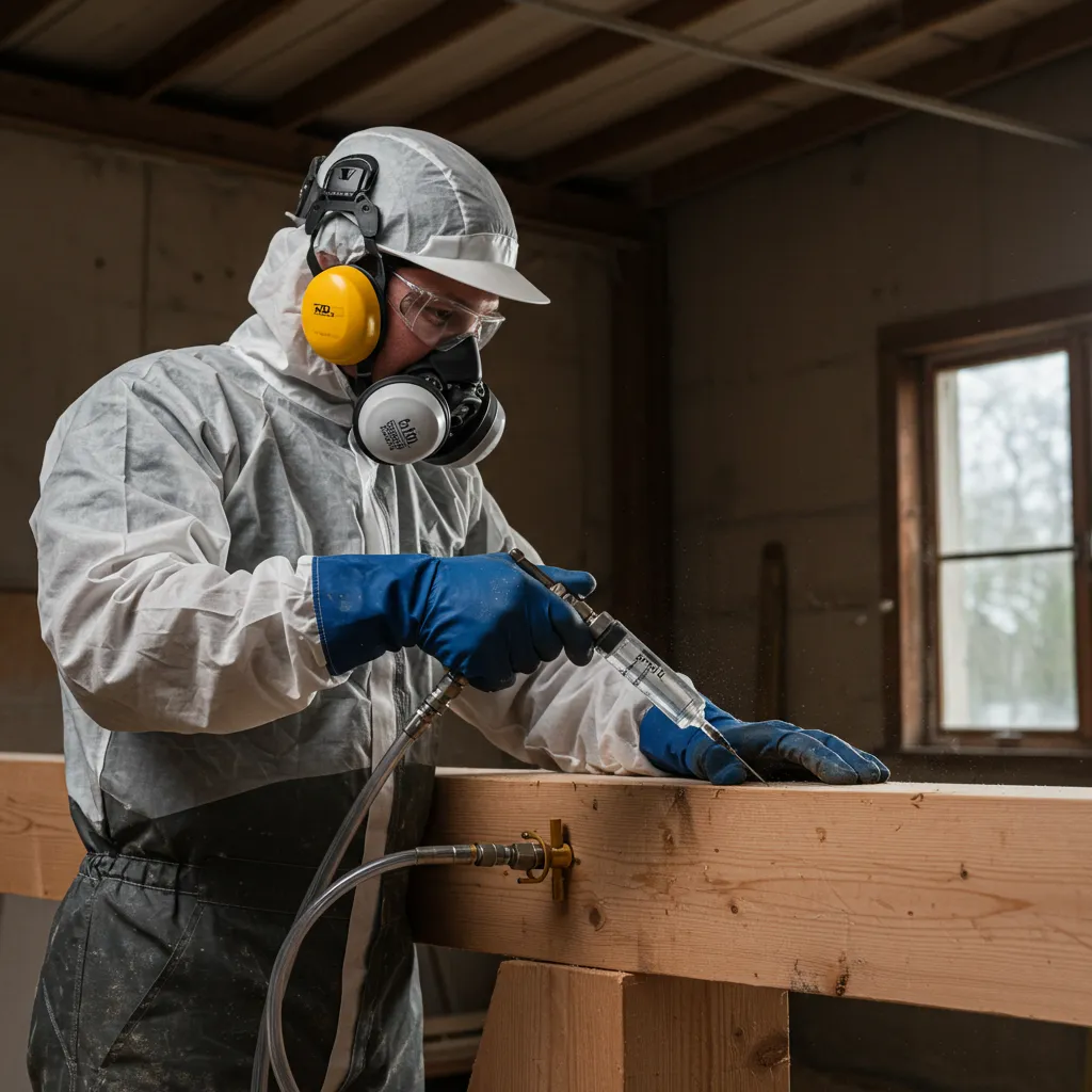 Professionnel effectuant un traitement par injection sous pression sur une poutre en bois infestée