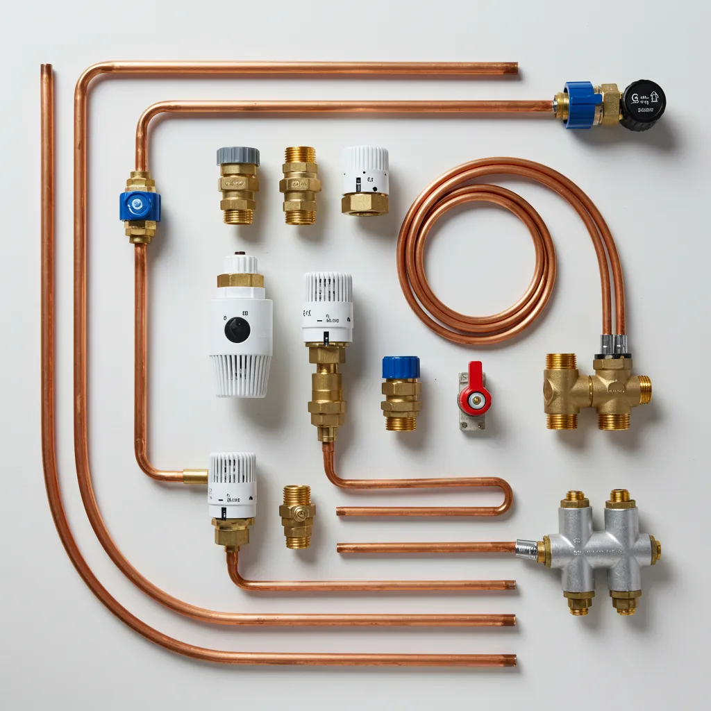 Composants d'un système de chauffage bitube incluant tuyauterie, vannes thermostatiques et circulateur