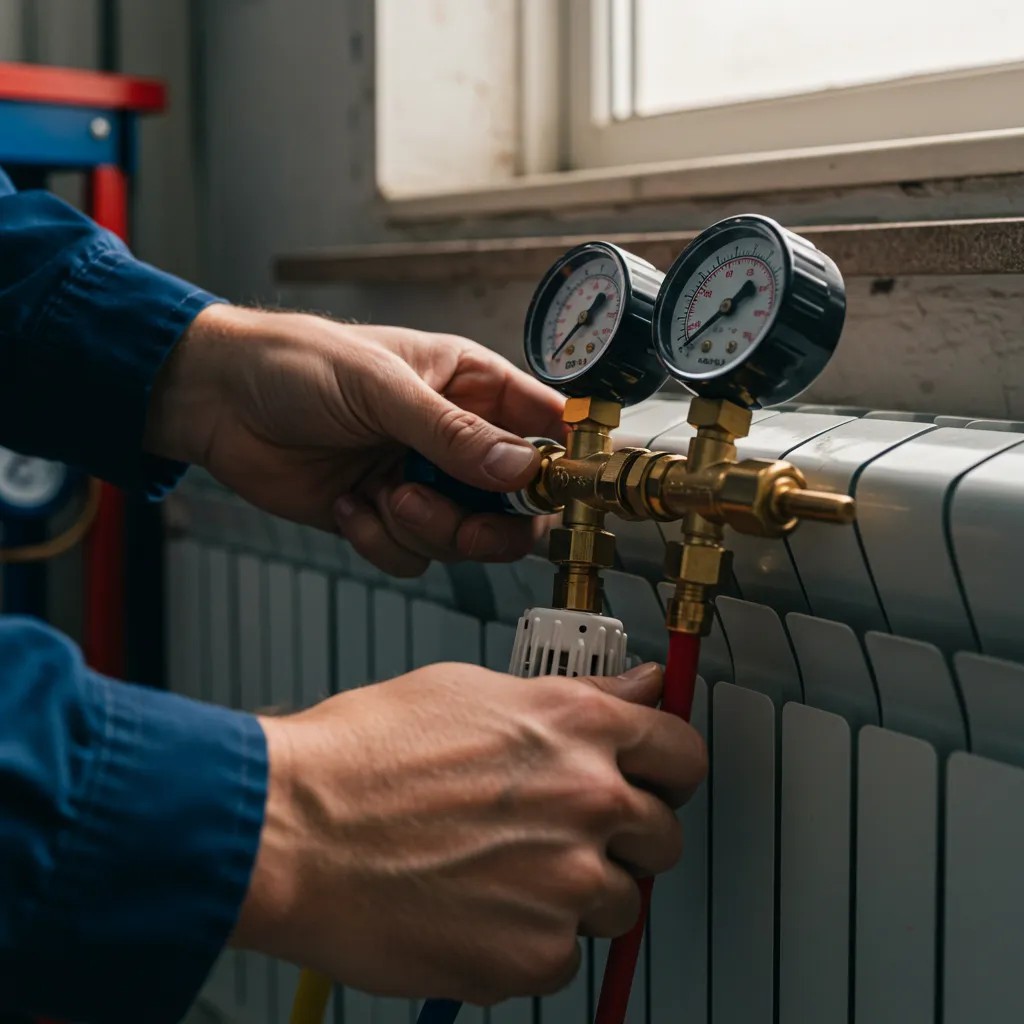 Technicien chauffagiste effectuant l'équilibrage hydraulique d'un radiateur avec vanne thermostatique