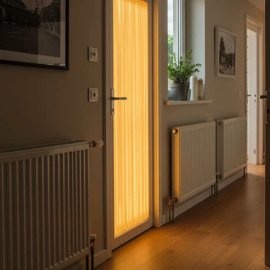 Intérieur résidentiel moderne avec radiateurs bitube offrant une distribution thermique uniforme dans plusieurs pièces