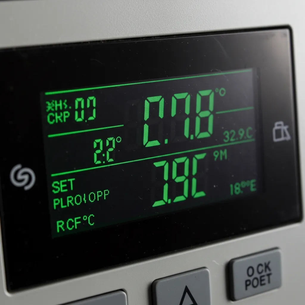 Gros plan sur l'écran LCD d'un thermostat affichant les codes d'erreur et les valeurs de température