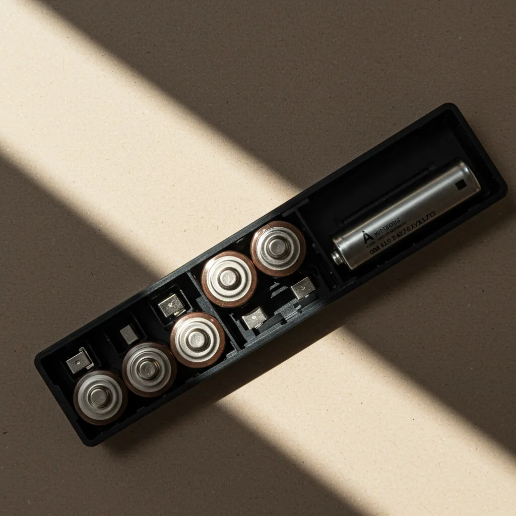 Vue de dessus de piles LR03 alcalines et d'un compartiment de batterie de thermostat