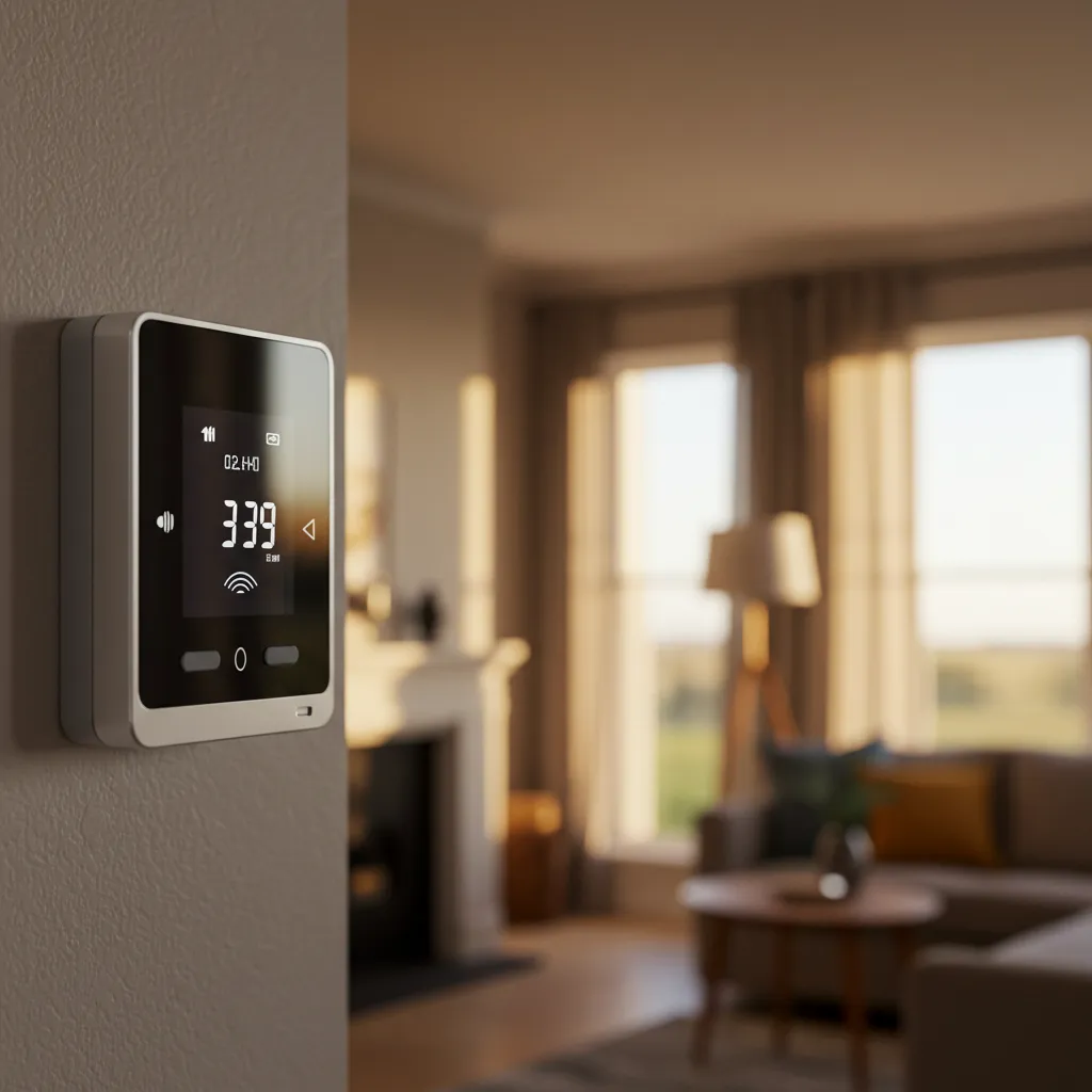 Thermostat mural dans un intérieur résidentiel montrant l'indicateur de qualité du signal radio