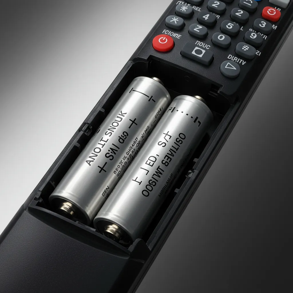 Gros plan sur le compartiment à piles d'une télécommande avec batteries en cours d'insertion