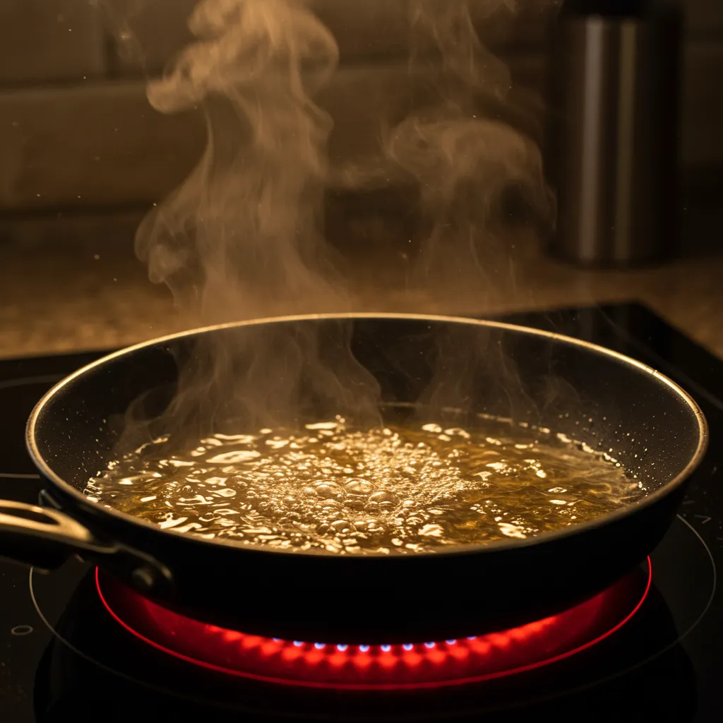 Gros plan d'une casserole d'huile chauffante sur une plaque électrique avec vapeur visible