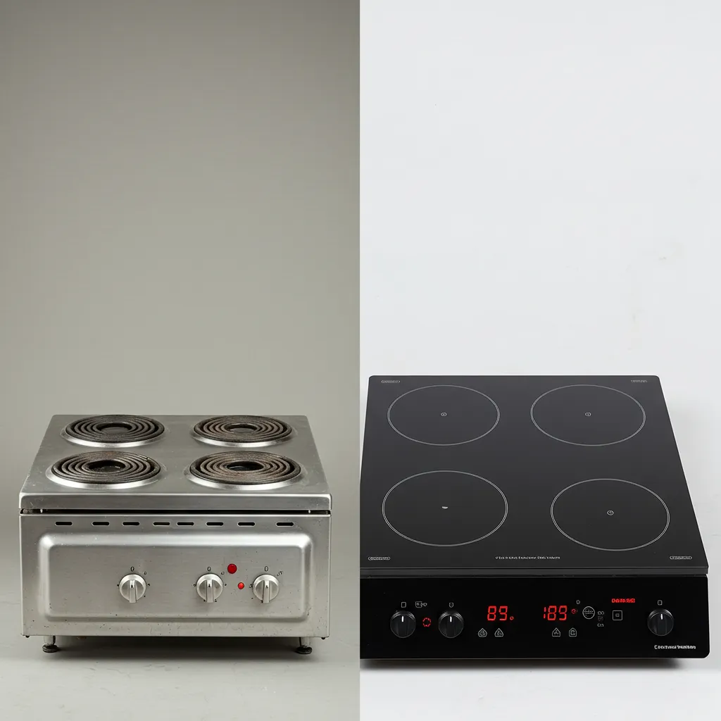 Comparaison visuelle entre une ancienne plaque électrique et une plaque moderne induction