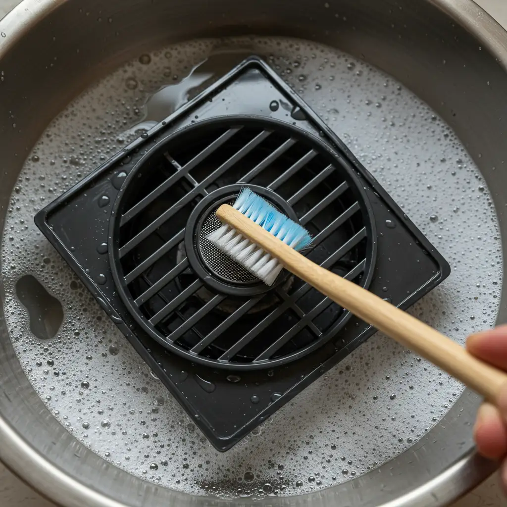 Processus de nettoyage d'une bouche d'extraction VMC avec une brosse à dents dans de l'eau savonneuse