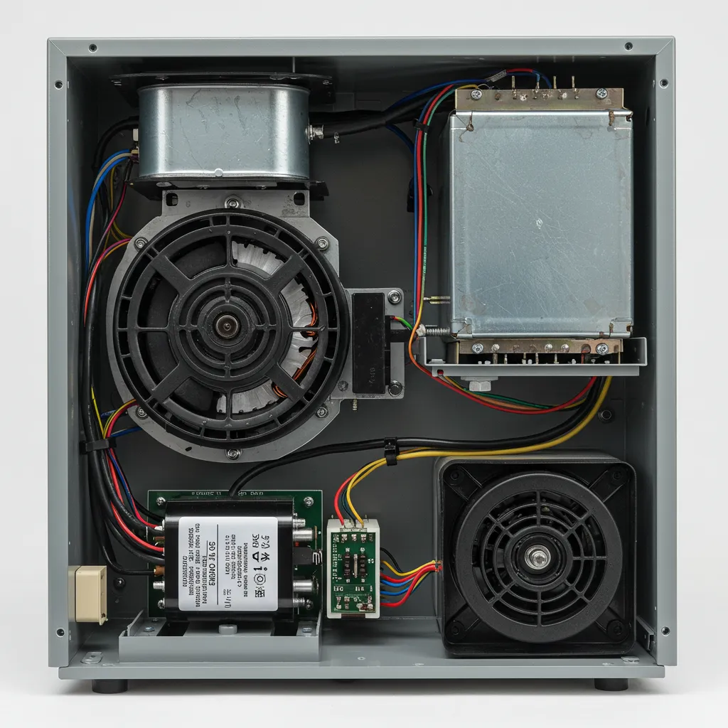 Vue interne des composants électriques et mécaniques d'une unité VMC incluant le moteur et les connexions