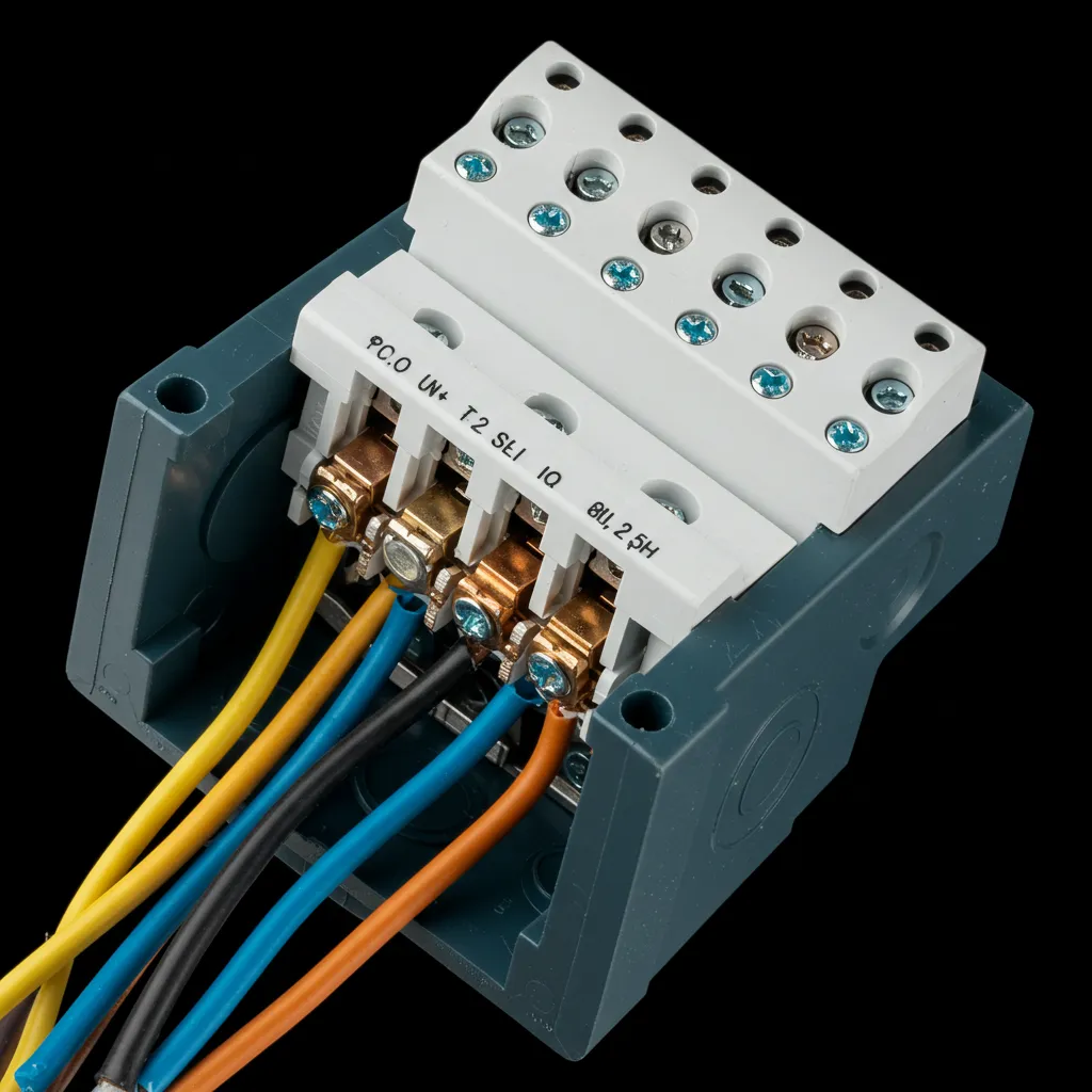 Détail d'une boîte de dérivation électrique conforme avec bornes de connexion correctement protégées et accessibles