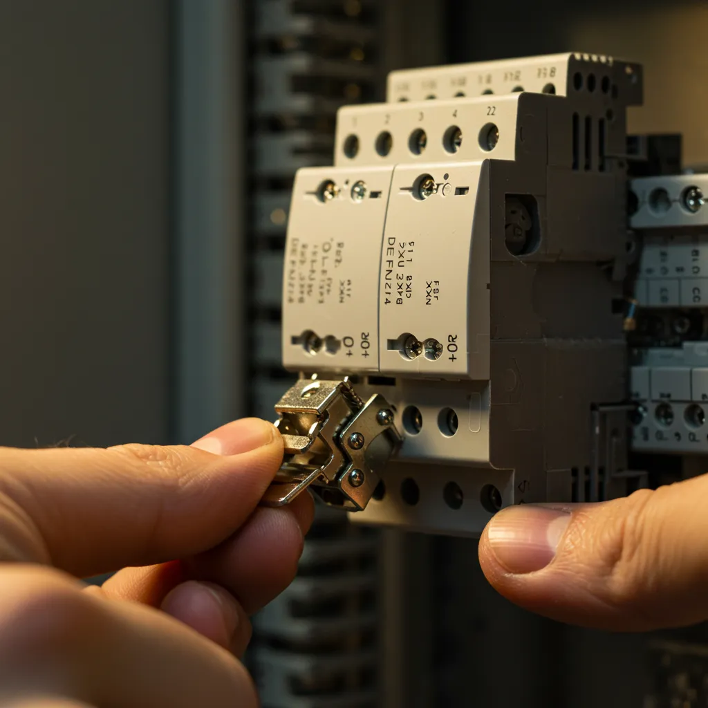 Installation correcte d'une borne de connexion sur support rail DIN dans un tableau électrique professionnel