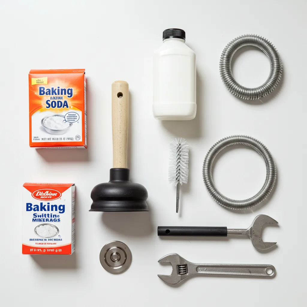 Outils de débouchage DIY disposés à plat : bicarbonate, vinaigre, ventouse, furet