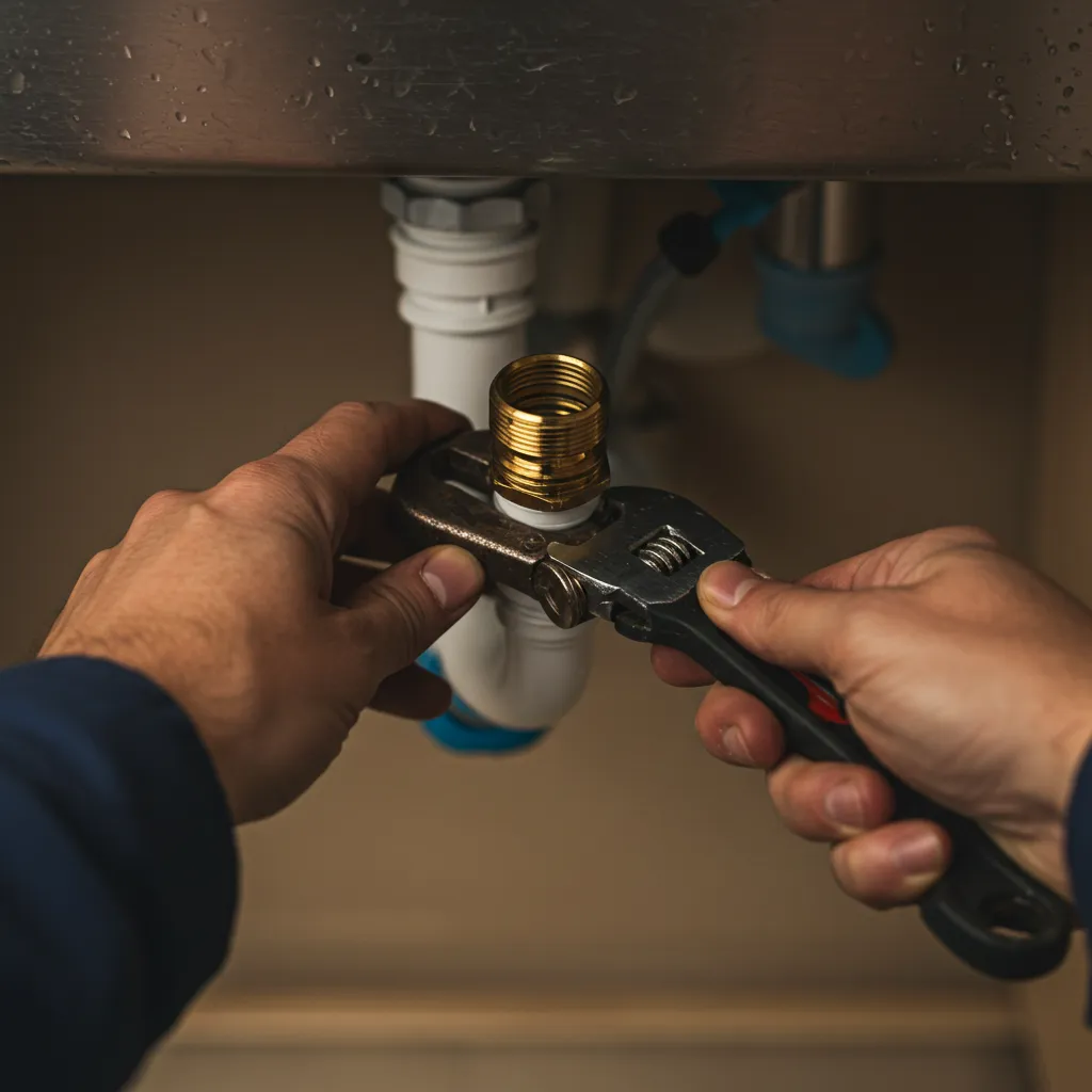 Mains de plombier travaillant sur un siphon d'évier avec outils professionnels
