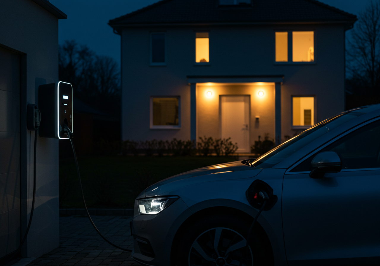 Voiture électrique en recharge nocturne sur une wallbox à domicile, maison éclairée en arrière-plan